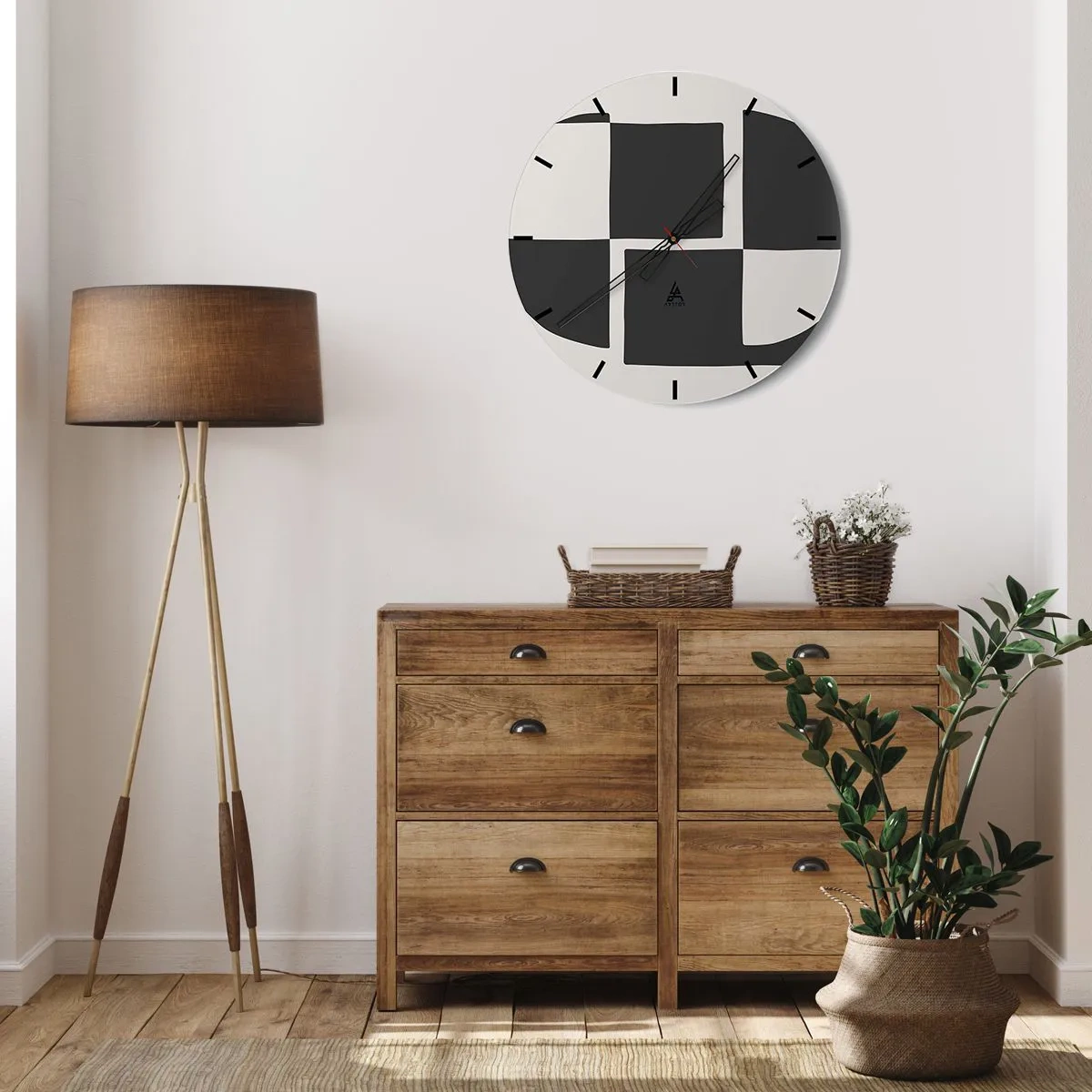 Väggklocka - Klocka på glas - Geometrisk komposition i svartvitt - 30x30cm - Antites – syntes - Modern väggdekoration för vardagsrum, kök och sovrum ARTTOR
