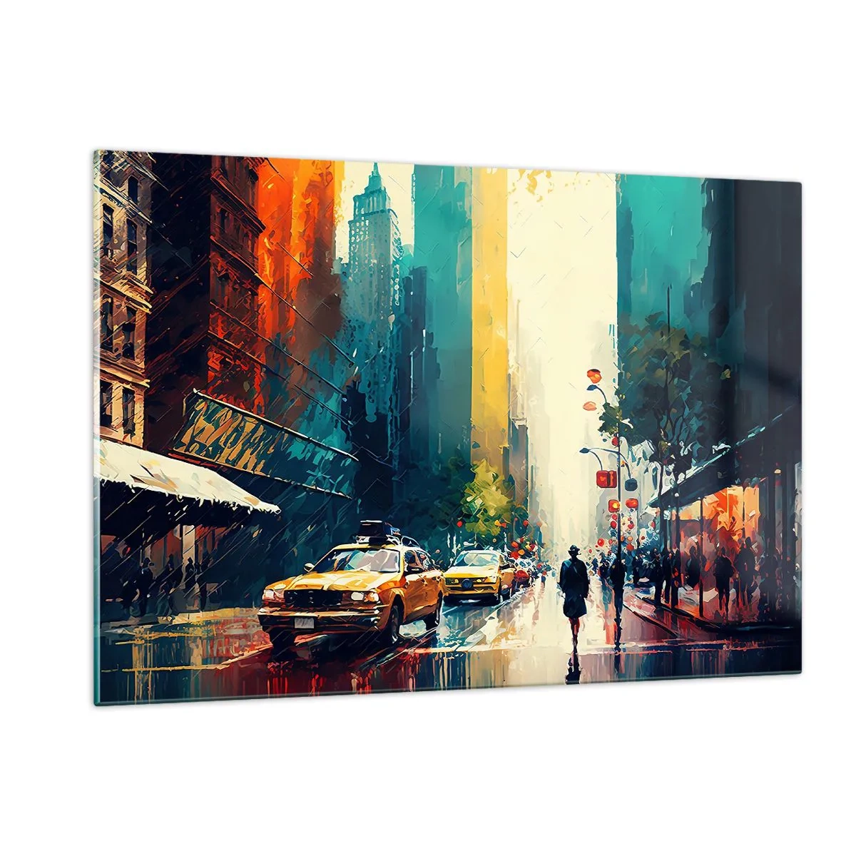 Glastavla - Bild på glas - New York - här är till och med regnet färgstarkt - 120x80 cm