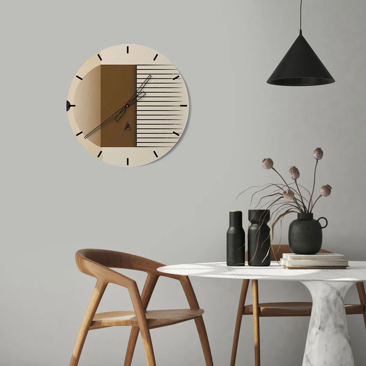 Väggklocka - Klocka på glas - Geometrisk komposition med bruna rektanglar och linjer på en beige bakgrund. - 30x30cm - Olika tillstånd - Modern väggdekoration för vardagsrum, kök och sovrum ARTTOR