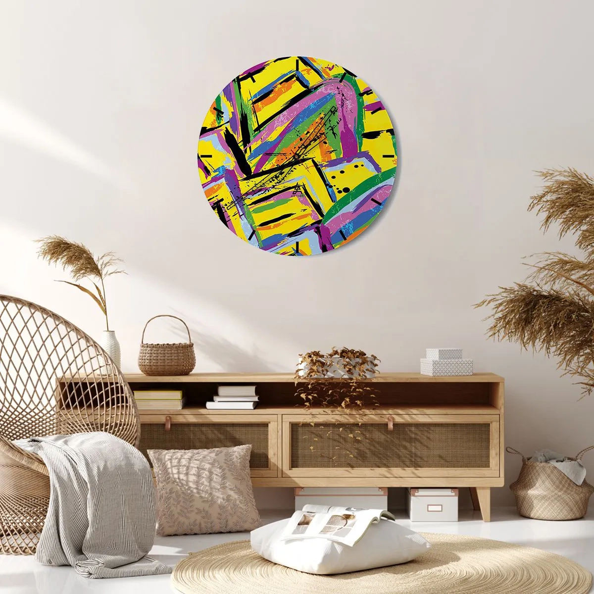Väggklocka - Klocka på glas - Färgglatt abstrakt mönster med geometriska linjer - 30x30cm - Skriker av glädje - Modern väggdekoration för vardagsrum, kök och sovrum ARTTOR