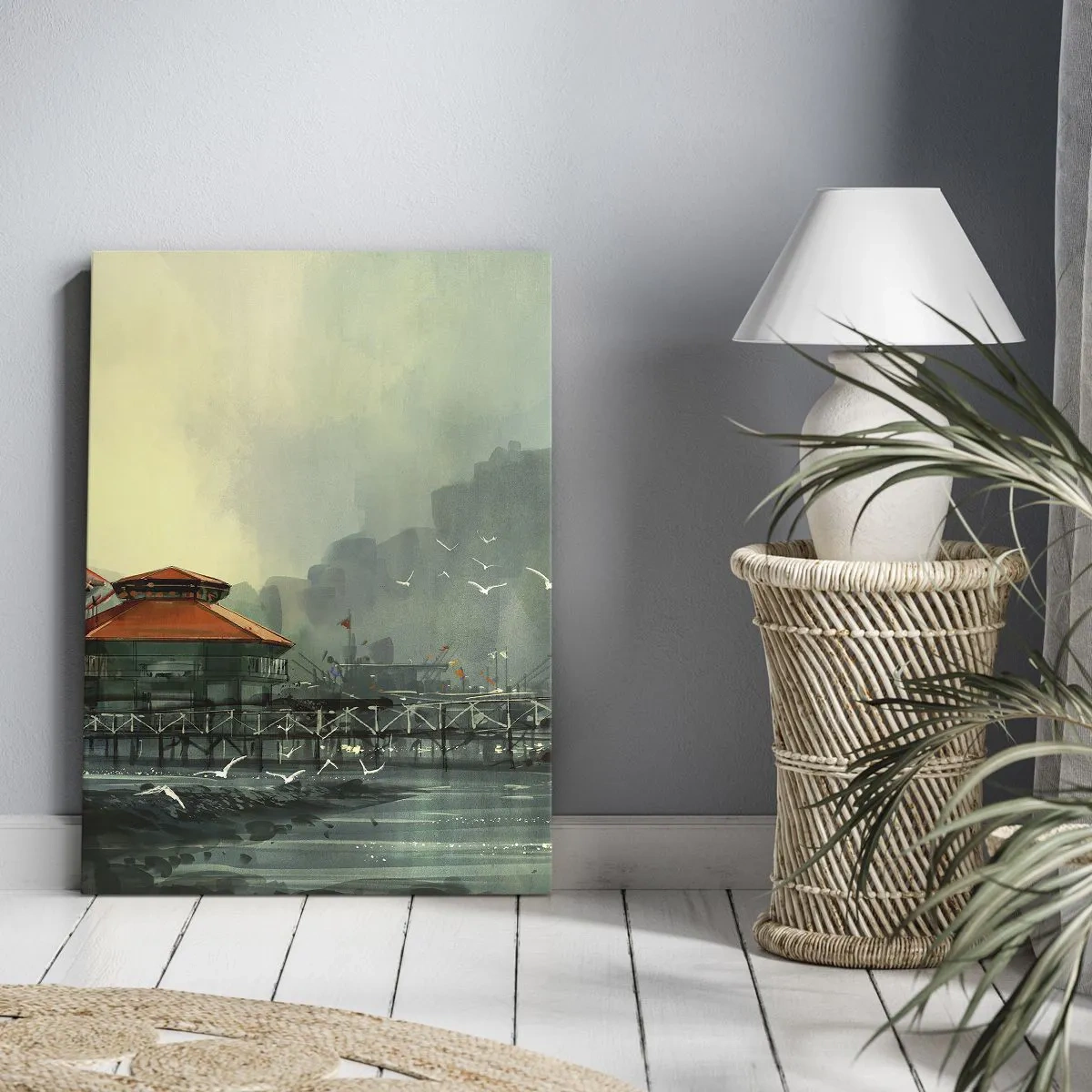 Canvastavla - Bild på duk - Duggig dag i hamnen - 45x80 cm