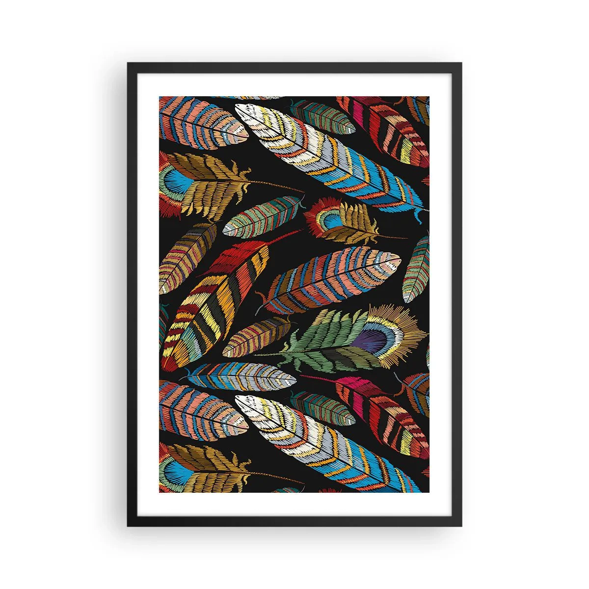 Affisch i svart ram - Färgglada fjädrar på svart bakgrund - 50x70cm - Fågelkarneval - Modern väggdekoration för vardagsrum och sovrum ARTTOR
