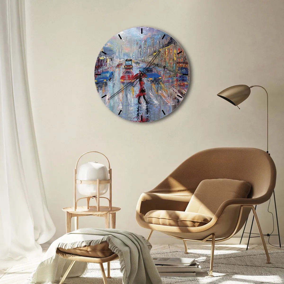 Väggklocka - Klocka på glas - Stadsgatalandskap i regn med färgglada ljus - 30x30cm - Regnig eftermiddag i staden - Modern väggdekoration för vardagsrum, kök och sovrum ARTTOR