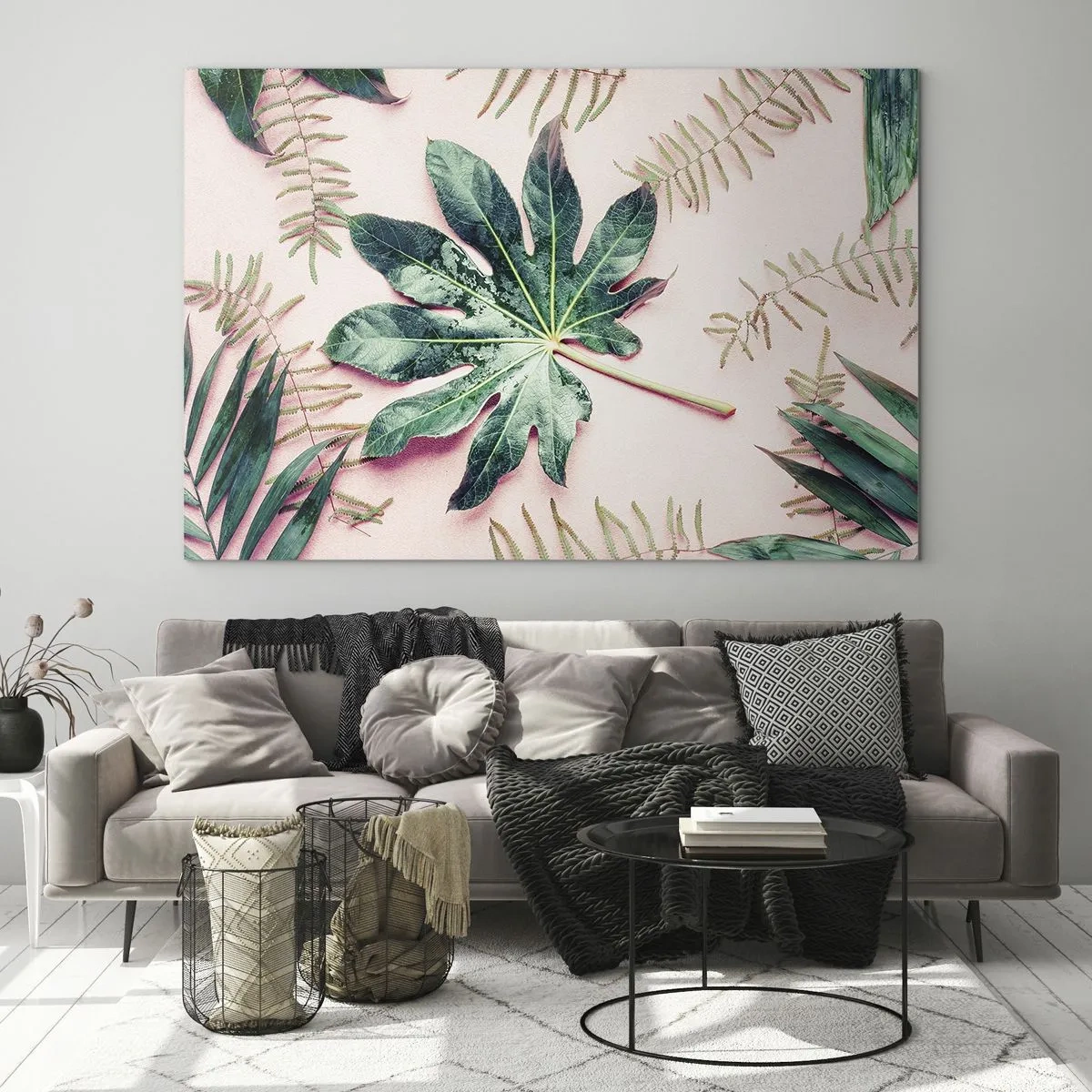 Glastavla - Bild på glas - Grönskans studie mot rosa bakgrund - 100x70 cm