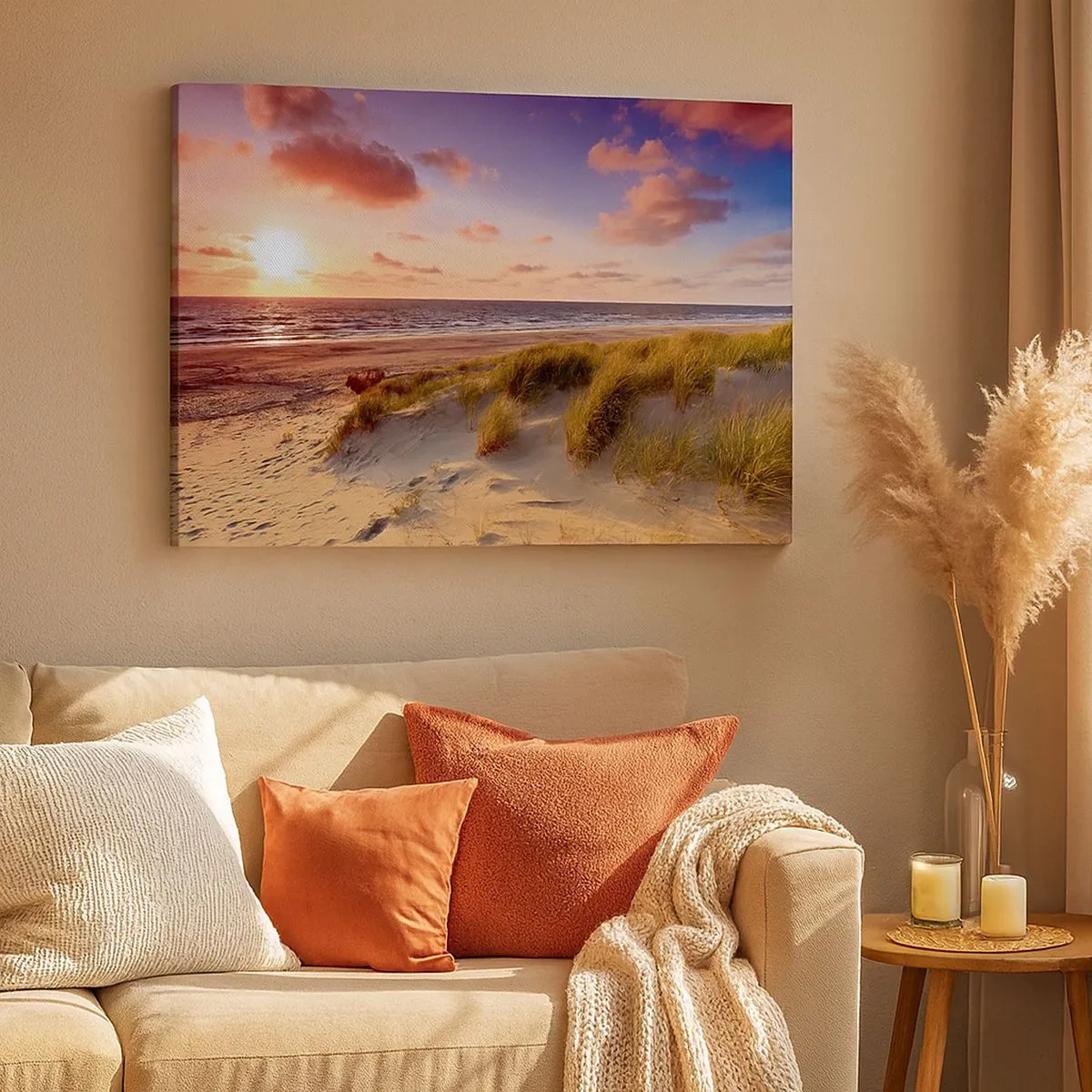 Canvastavla - Bild på duk - En gräsbevuxen strand och en solnedgång över ett lugnt hav - 70x50cm - Luften luktar sommar - Modern väggdekoration för vardagsrum och sovrum ARTTOR