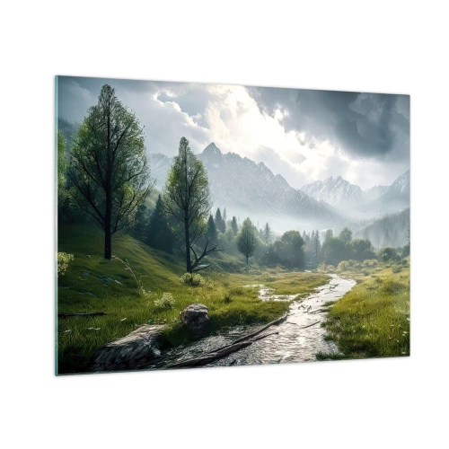 Glastavla - Bild på glas - Ett bergslandskap med en bäck och en grön dal på morgonen - 70x50cm - Fram och tillbaka - Modern väggdekoration för vardagsrum och sovrum ARTTOR