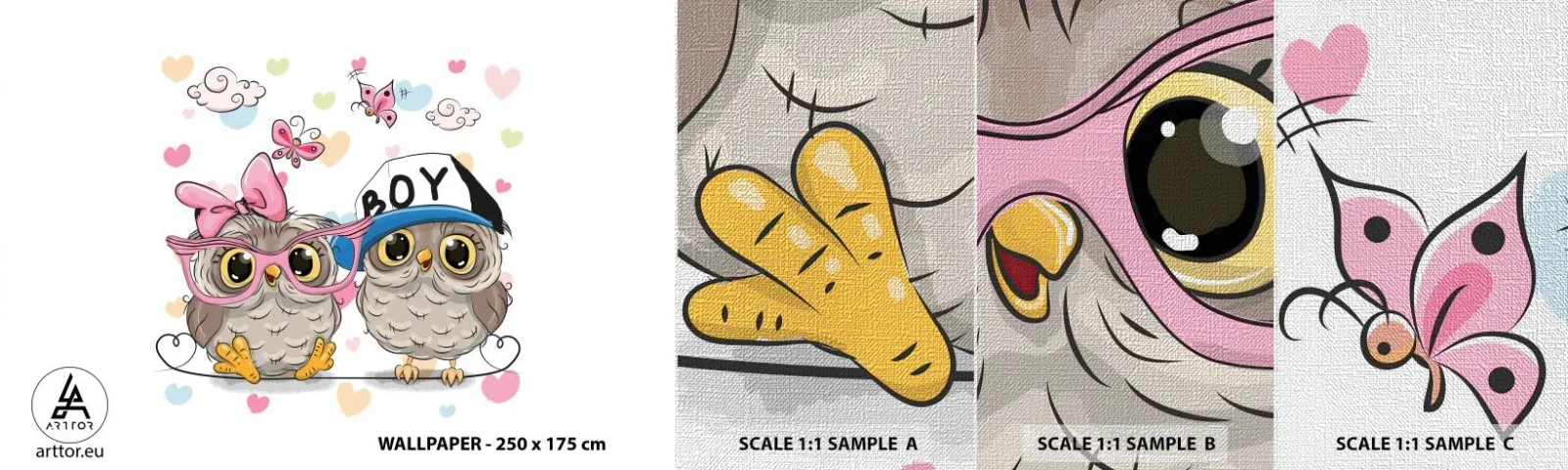 Provbit av fototapet Premium Canvas - Låt oss älska varandra! - För barn, Uggla, Fjäril - 100x30 cm
