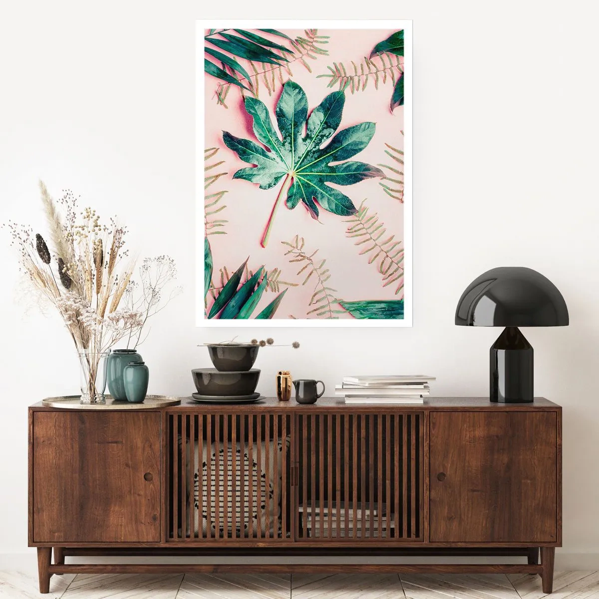 Affisch - Grönskans studie mot rosa bakgrund - 70x100 cm