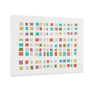 Glastavla - Bild på glas - Färgglad mosaik av rutor på en vit bakgrund i abstrakt stil - 70x50cm - Ett okänt spel - Modern väggdekoration för vardagsrum och sovrum ARTTOR
