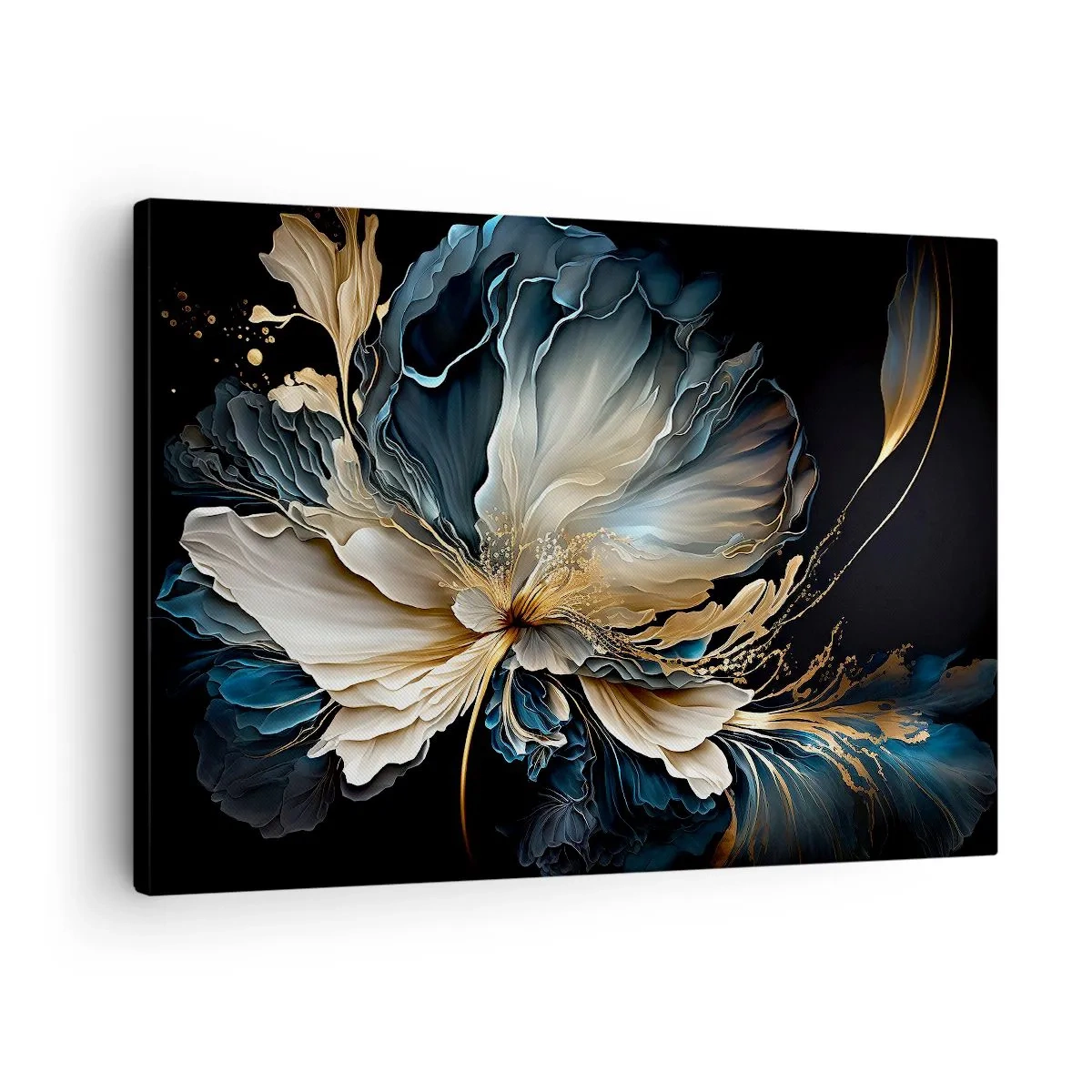 Canvastavla - Bild på duk - En blomma i nyanser av guld och marinblått mot svart bakgrund - 70x50cm - Sagolik ormbunksblomma - Modern väggdekoration för vardagsrum och sovrum ARTTOR