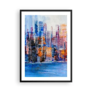 Affisch i svart ram - Abstrakt stadspanorama i intensiva färger - 50x70cm - En glädjefylld metropol - Modern väggdekoration för vardagsrum och sovrum ARTTOR