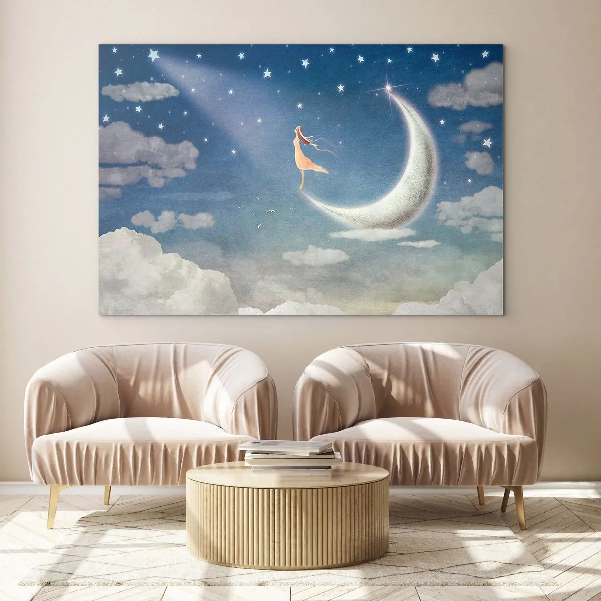 Glastavla - Bild på glas - En kvinna i en böljande klänning stående på månen i en stjärnklar himmel. - 70x50cm - Blå friare - Modern väggdekoration för vardagsrum och sovrum ARTTOR