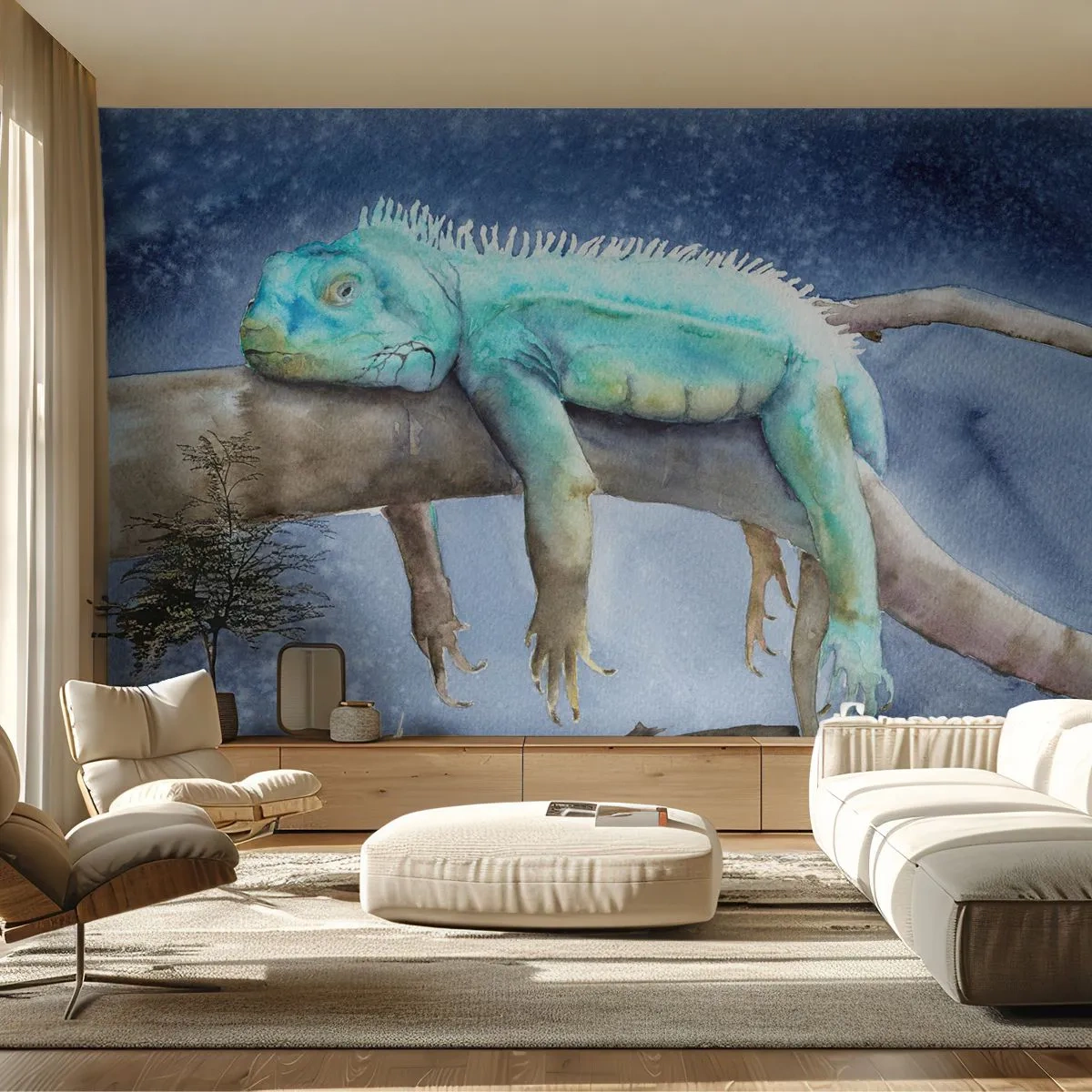 Fototapet Standard Eco - Blå leguan som vilar på en gren - 100x70cm - Det är bra! - Modern väggdekoration för vardagsrum och sovrum ARTTOR