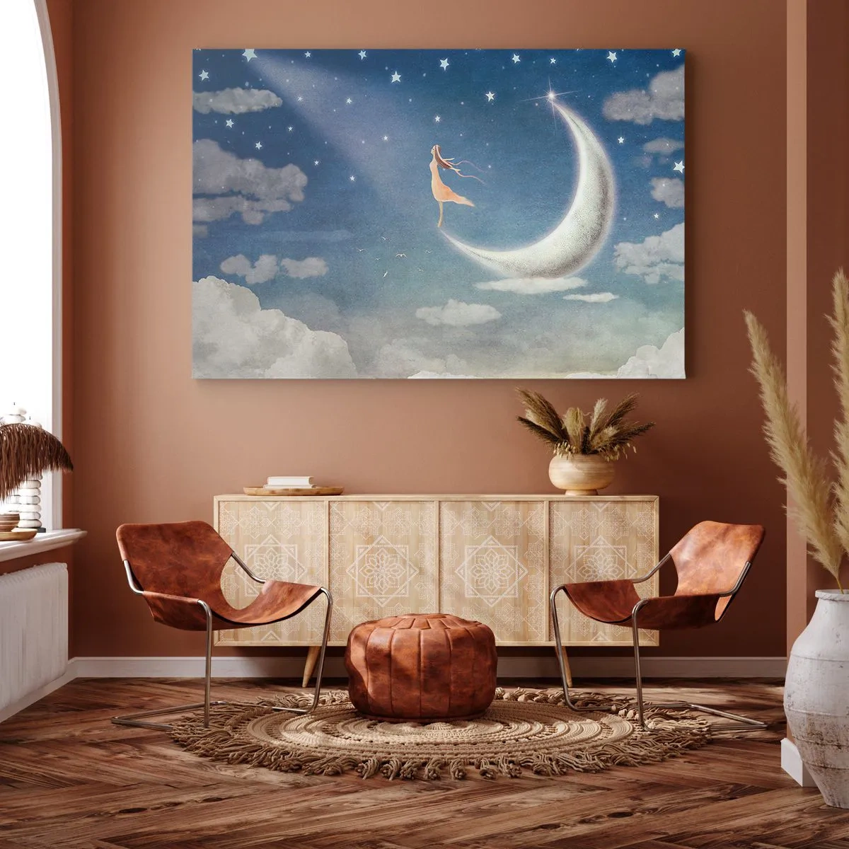 Canvastavla - Bild på duk - En kvinna i månen omgiven av stjärnor och moln - 70x50cm - Blå friare - Modern väggdekoration för vardagsrum och sovrum ARTTOR