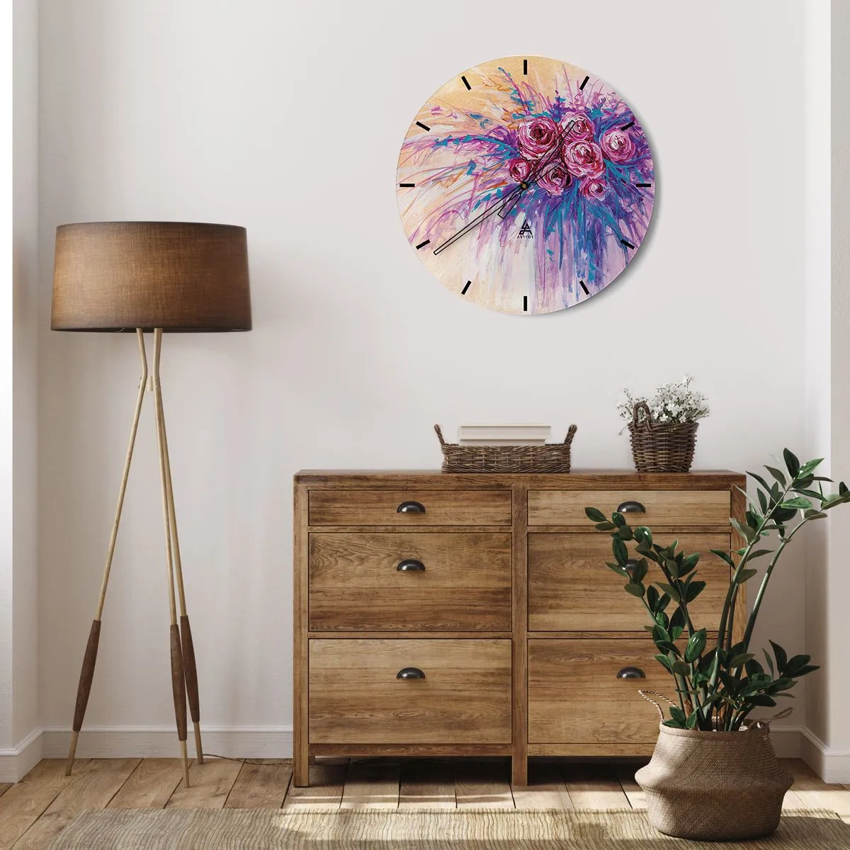 Väggklocka - Klocka på glas - Abstrakt rosbukett i konstnärlig stil - 30x30cm - Rosfontän - Modern väggdekoration för vardagsrum, kök och sovrum ARTTOR