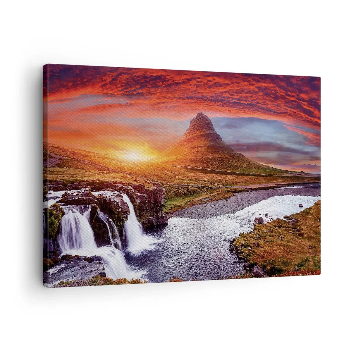 Canvastavla - Bild på duk - Bergslandskap med ett vattenfall vid solnedgången - 70x50cm - Utsikt över Midgård - Modern väggdekoration för vardagsrum och sovrum ARTTOR