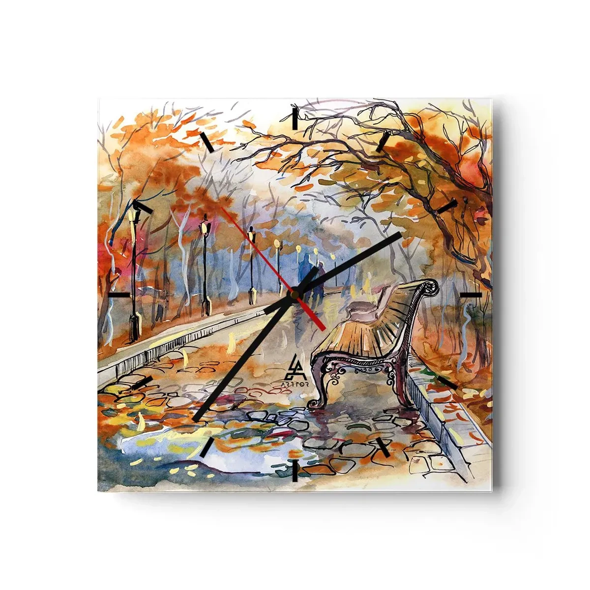 Väggklocka - Klocka på glas - Vandra tillsammans mot hösten - 30x30 cm
