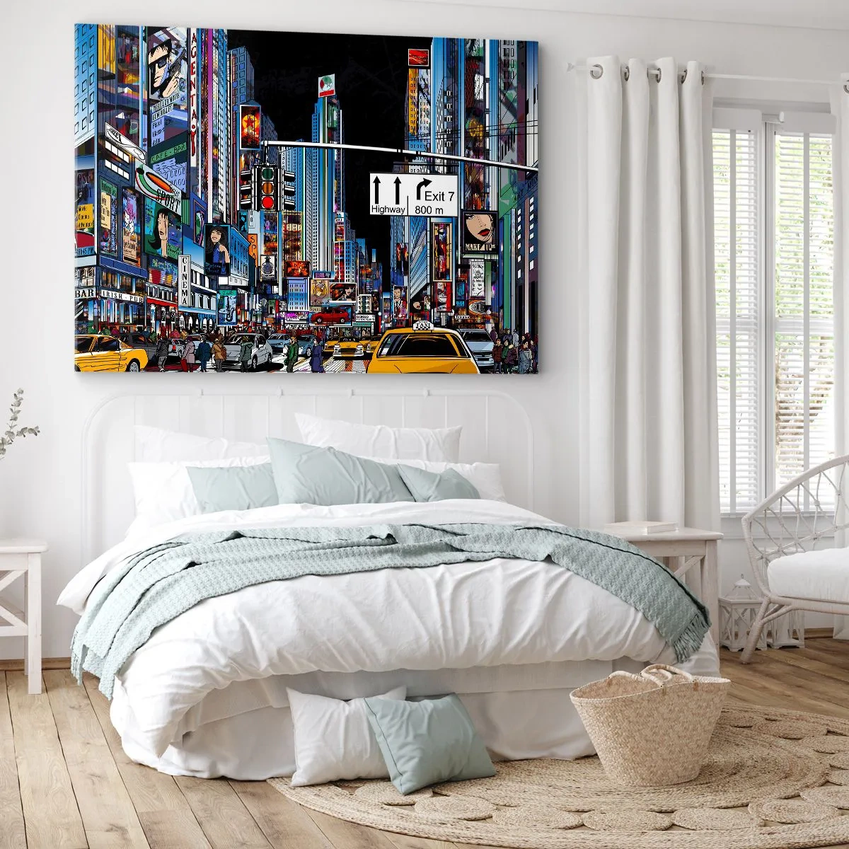 Canvastavla - Bild på duk - En livlig stad med färgglada reklamfilmer och gula taxibilar - 70x50cm - En natt som i serierna - Modern väggdekoration för vardagsrum och sovrum ARTTOR