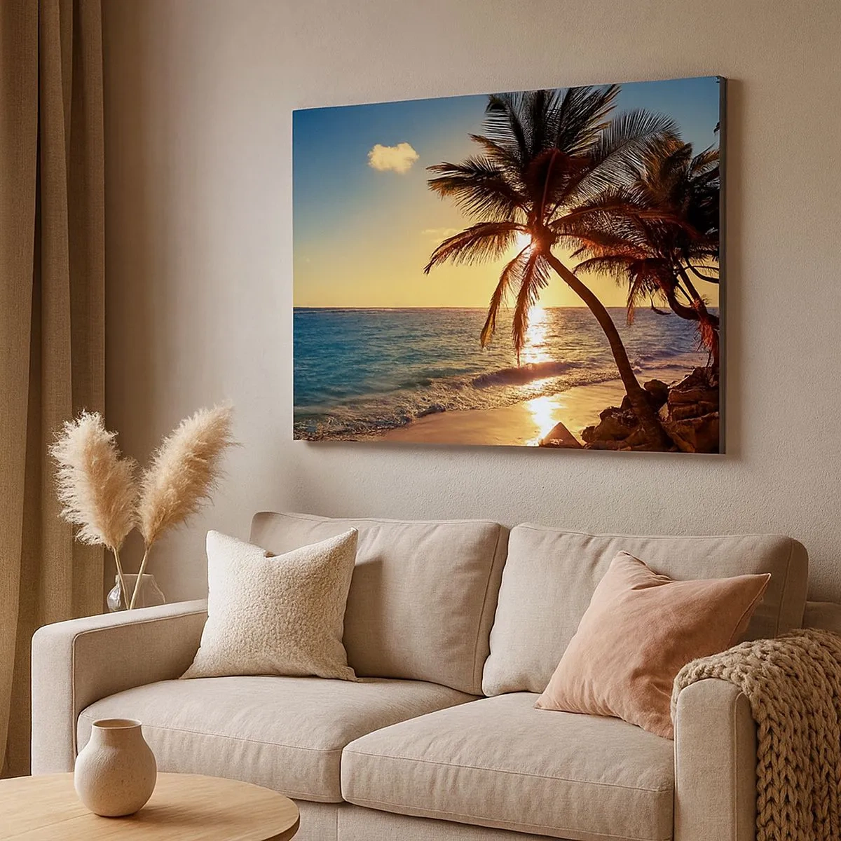 Canvastavla - Bild på duk - Tropisk solnedgång över en strand med palmer - 70x50cm - Sommar under palmträden - Modern väggdekoration för vardagsrum och sovrum ARTTOR