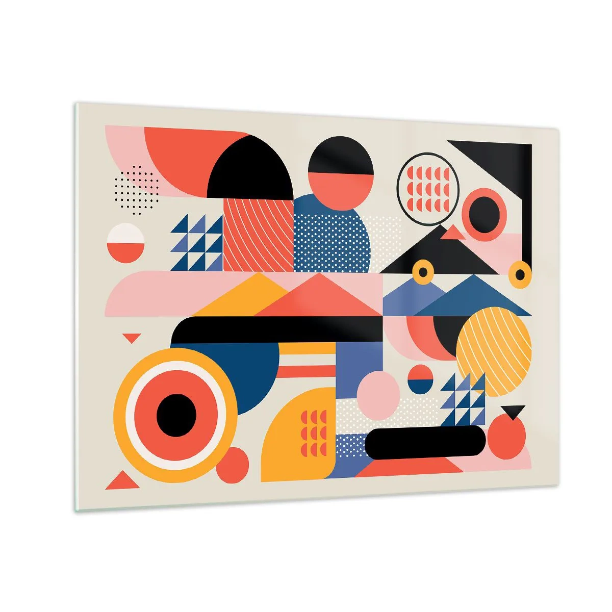 Glastavla - Bild på glas - Färgglad geometrisk abstraktion med cirklar och trianglar - 70x50cm - Komposition: Lek - Modern väggdekoration för vardagsrum och sovrum ARTTOR