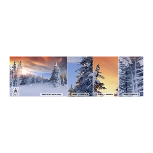 Provbit av självhäftande fototapet Deluxe Sticker - Naturens snöiga spel - Landskap, Skog, Vinter - 100x30 cm