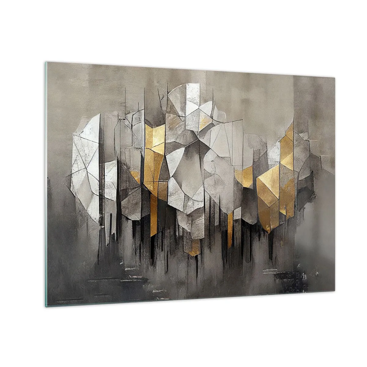 Glastavla - Bild på glas - Abstrakta former i nyanser av grått, vitt och guld - 70x50cm - Komposition av is och ljus - Modern väggdekoration för vardagsrum och sovrum ARTTOR