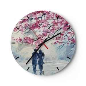 Väggklocka - Klocka på glas - En romantisk bild av ett par under blommande rosa träd - 30x30cm - Romantisk promenad - Modern väggdekoration för vardagsrum, kök och sovrum ARTTOR