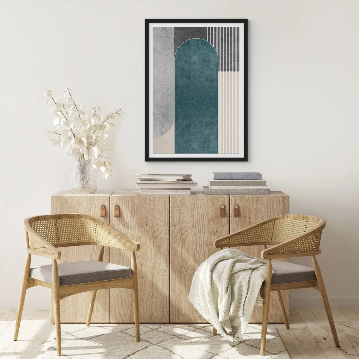 Affisch i svart ram - Geometrisk komposition i nyanser av grönt och grått - 50x70cm - Horisontell komposition - Modern väggdekoration för vardagsrum och sovrum ARTTOR