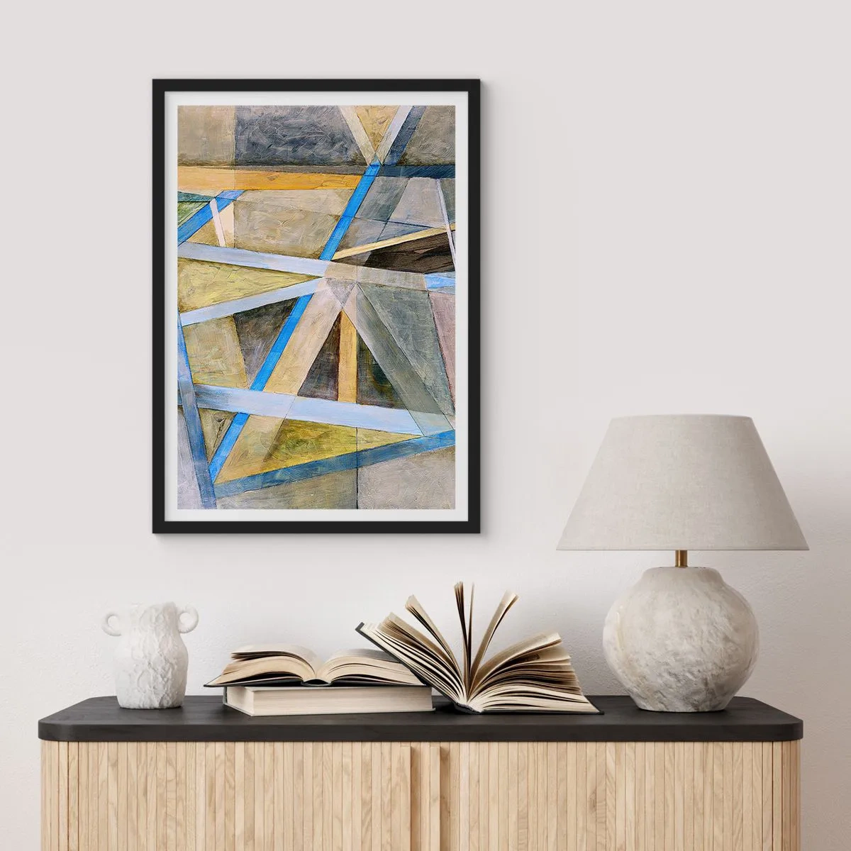 Affisch i svart ram - Geometrisk abstraktion med nyanser av blått och guld - 50x70cm - Rakt fram eller diagonalt? - Modern väggdekoration för vardagsrum och sovrum ARTTOR