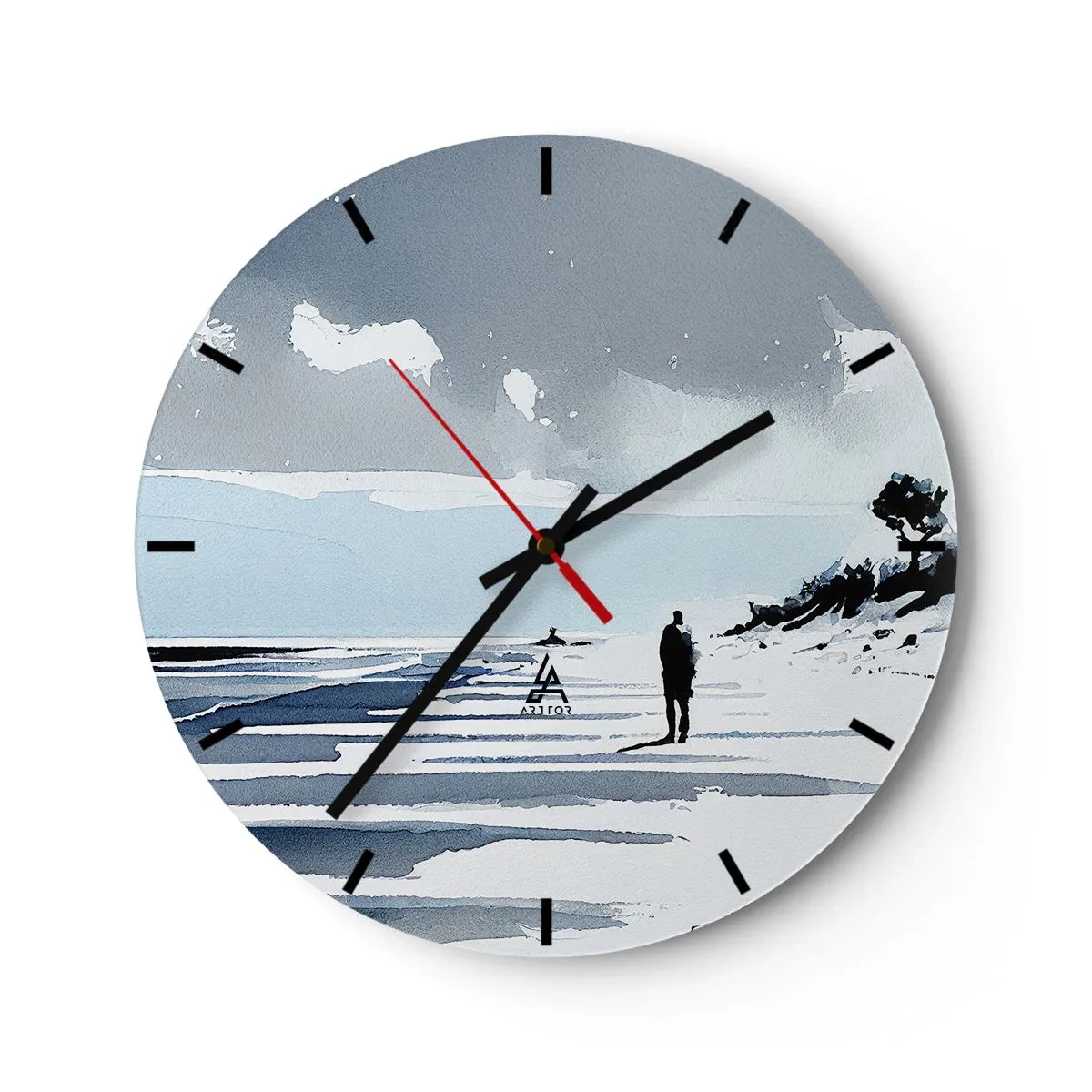 Väggklocka - Klocka på glas - Silhuett av en person som går ensam på stranden i grå och blå toner - 30x30cm - Ensam - Modern väggdekoration för vardagsrum, kök och sovrum ARTTOR