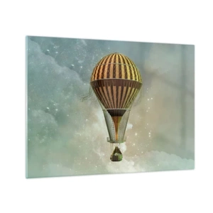 Glastavla - Bild på glas - En stiliserad ballong mot bakgrund av en stjärnklar himmel och moln. - 70x50cm - Banbrytande flygningar - Modern väggdekoration för vardagsrum och sovrum ARTTOR