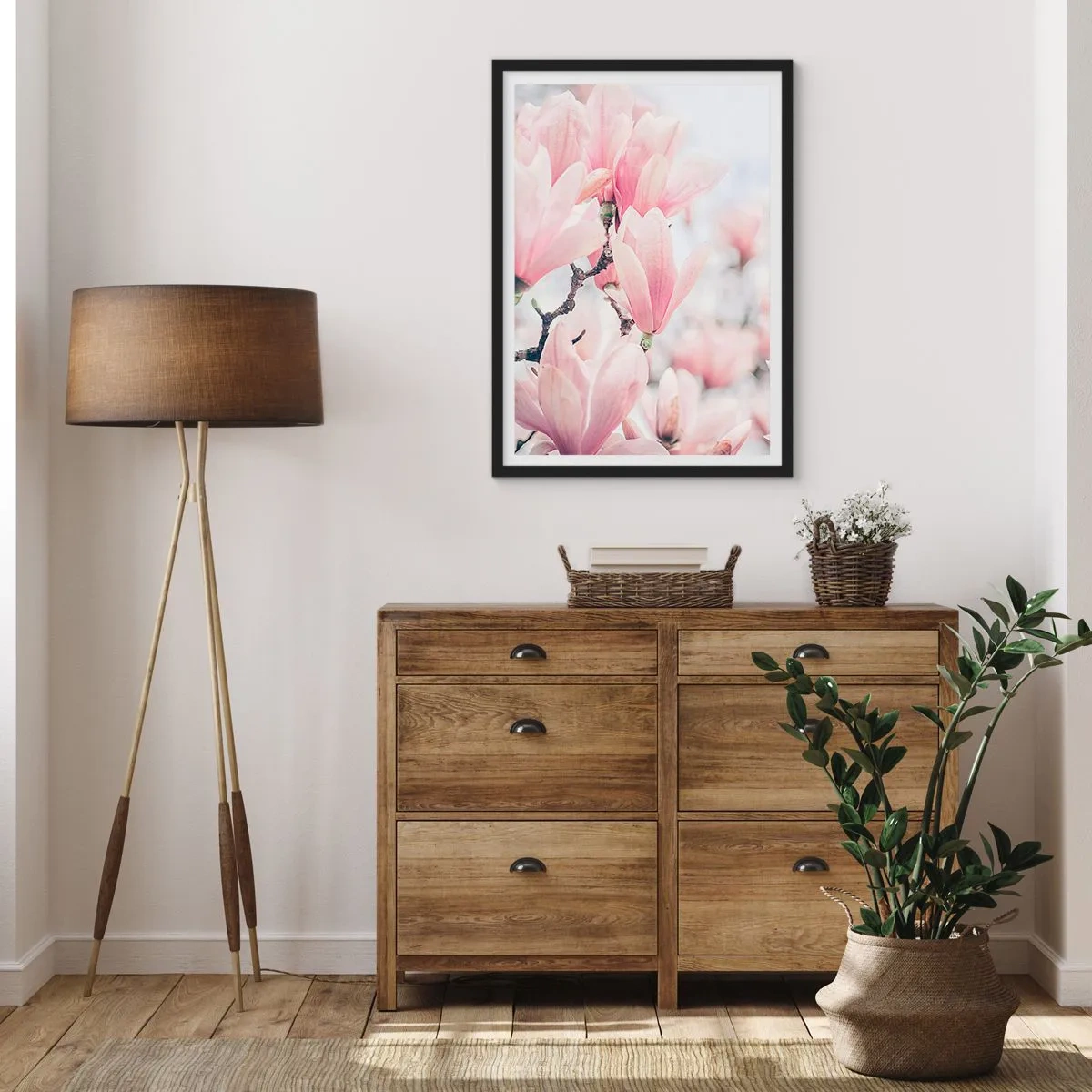 Affisch i svart ram - Rosa magnolior i en subtil vårmiljö - 50x70cm - Perfekt subtilitet - Modern väggdekoration för vardagsrum och sovrum ARTTOR