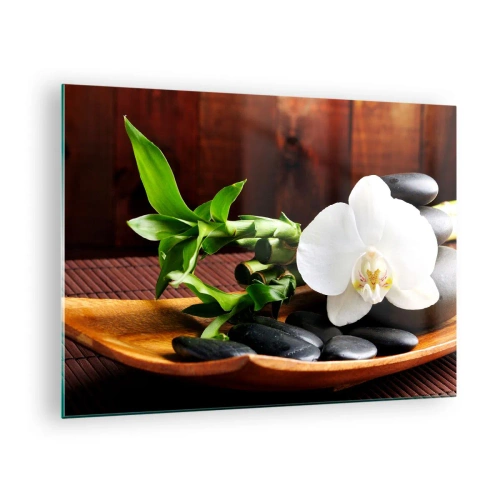 Glastavla - Bild på glas - Vit orkidé på svarta stenar och bambu i en träskål - 70x50cm - Bli berörd av naturen - Modern väggdekoration för vardagsrum och sovrum ARTTOR