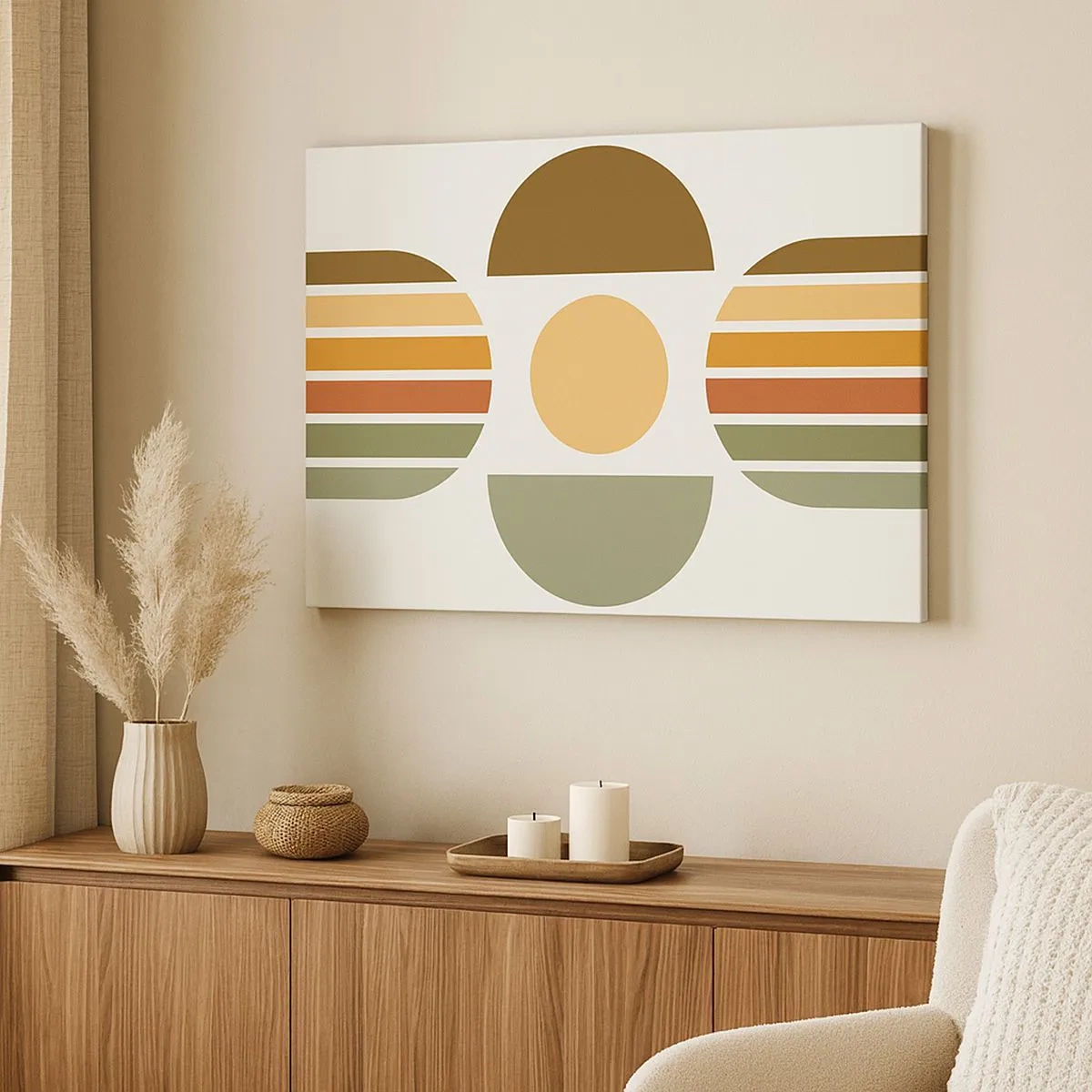 Canvastavla - Bild på duk - Geometrisk komposition med halvcirklar och ränder i jordnära toner - 70x50cm - I jordens färger - Modern väggdekoration för vardagsrum och sovrum ARTTOR