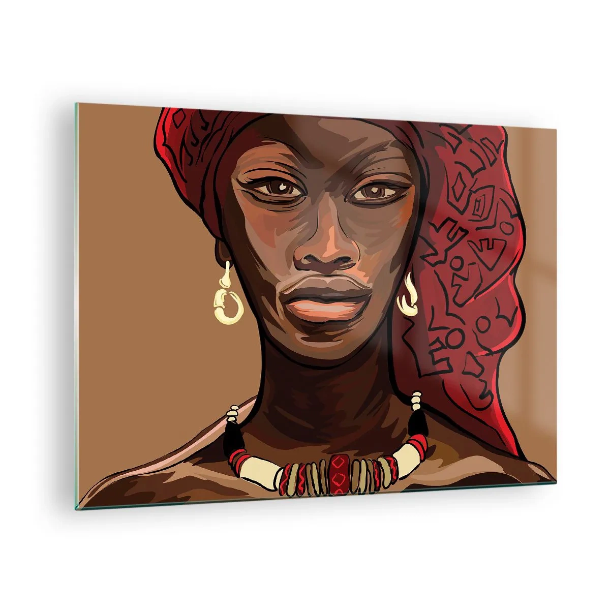 Glastavla - Bild på glas - Stiliserat porträtt av en kvinna i röd turban med smycken. - 70x50cm - Venus i ebenholts - Modern väggdekoration för vardagsrum och sovrum ARTTOR