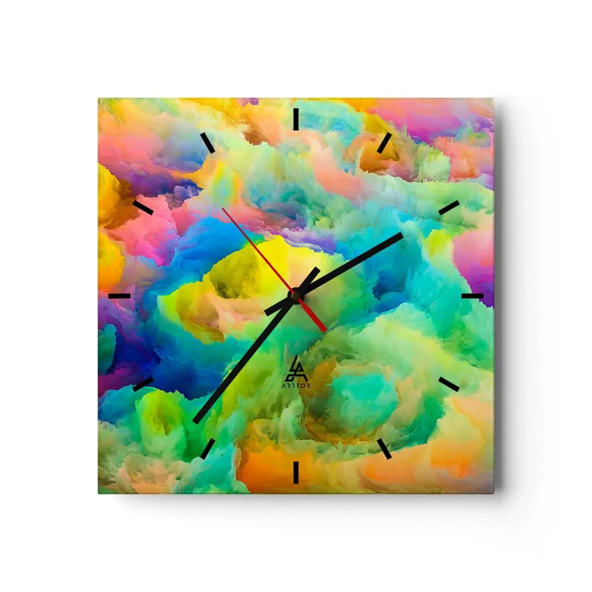 Väggklocka - Klocka på glas - Regnbågsdun - 30x30 cm