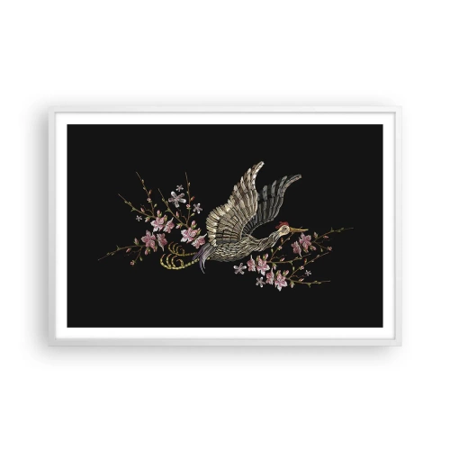 Affisch i vit ram - Exotisk, broderad fågel - 91x61 cm