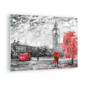 Glastavla - Bild på glas - Big Ben med en röd buss och ett paraply mot en bakgrund av höstträd - 70x50cm - Spännande dag - Modern väggdekoration för vardagsrum och sovrum ARTTOR