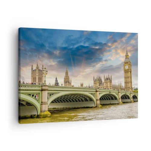 Canvastavla - Bild på duk - Big Ben och Westminsterbron mot himlen i skymningen - 70x50cm - Tiden stannade i Imperiet - Modern väggdekoration för vardagsrum och sovrum ARTTOR