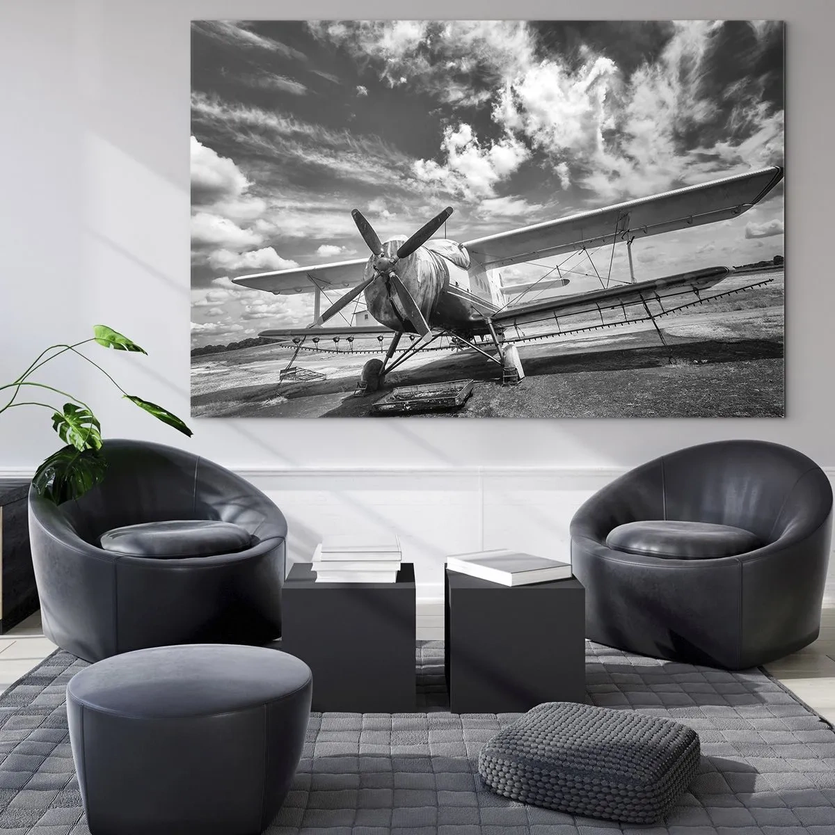 Glastavla - Bild på glas - Svartvitt foto av ett klassiskt biplan - 70x50cm - Jag kan inte vänta! - Modern väggdekoration för vardagsrum och sovrum ARTTOR