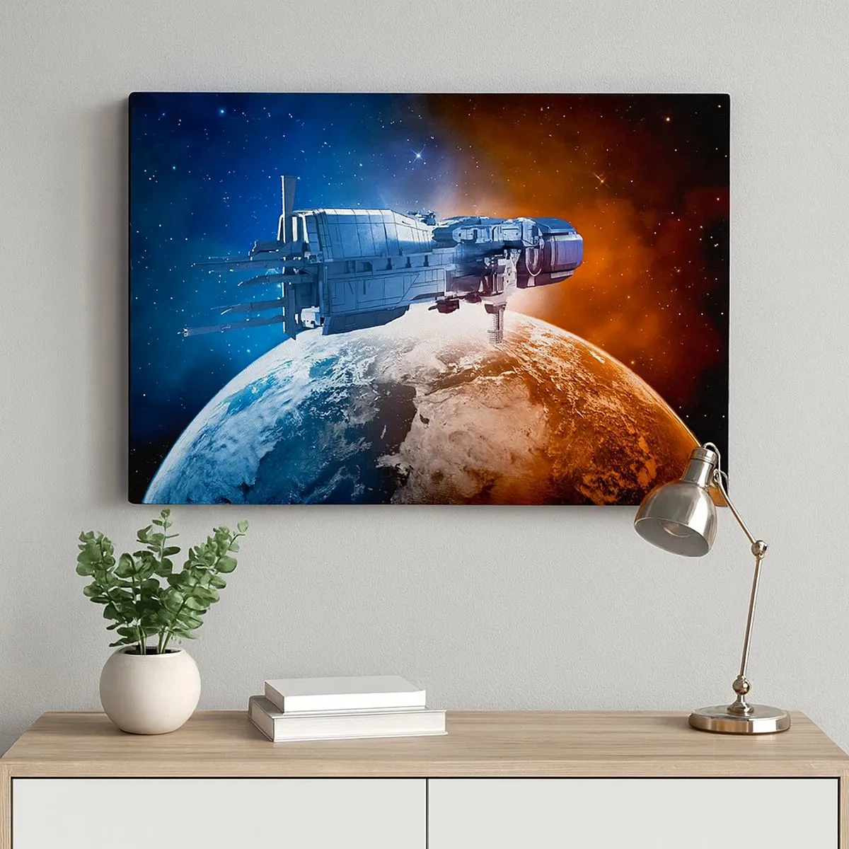 Canvastavla - Bild på duk - Ett rymdskepp mot bakgrund av en planet i rymden - 70x50cm - Uppmärksam åskådare - Modern väggdekoration för vardagsrum och sovrum ARTTOR