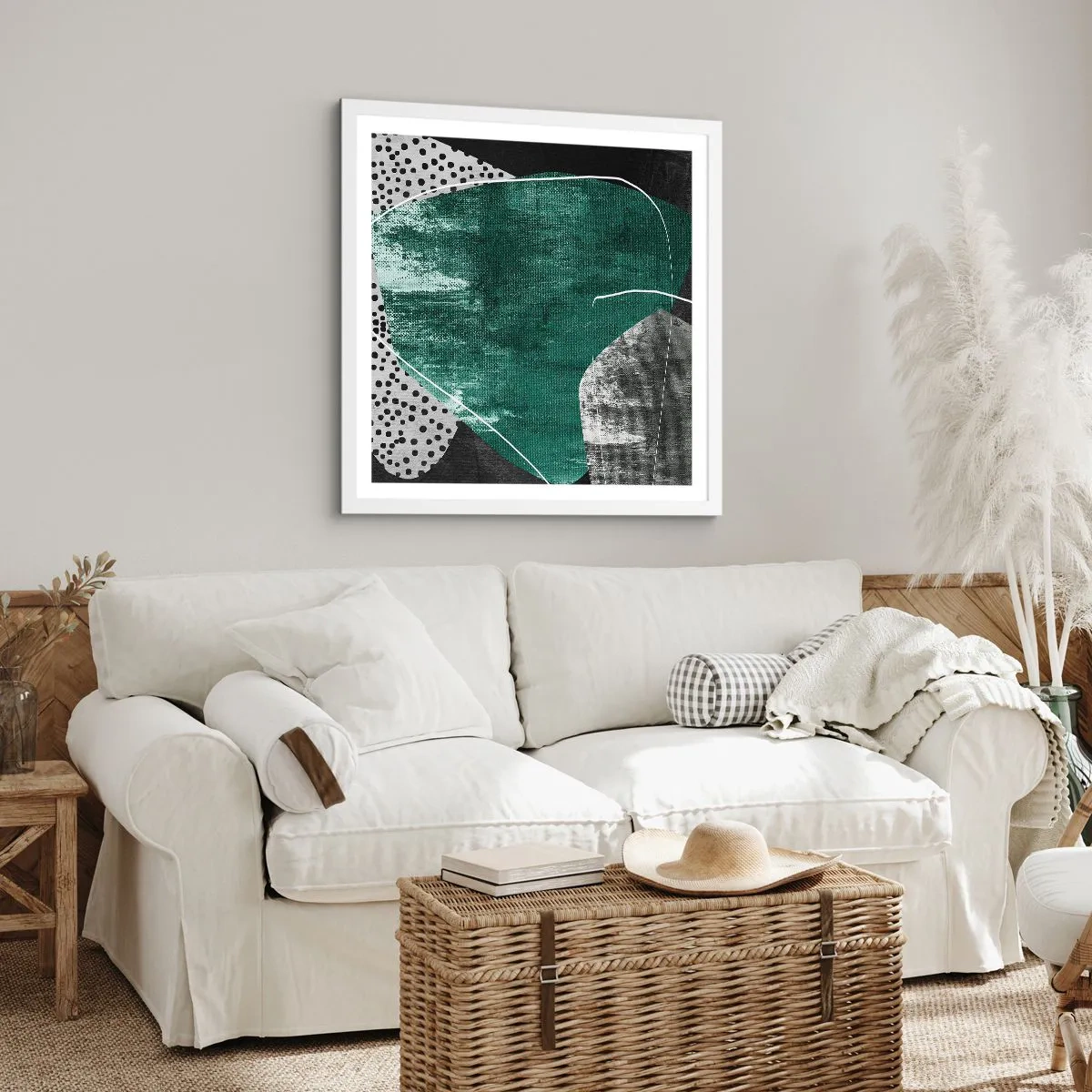 Affisch i vit ram - Färgstark abstraktion med en guldflinga - 60x60 cm