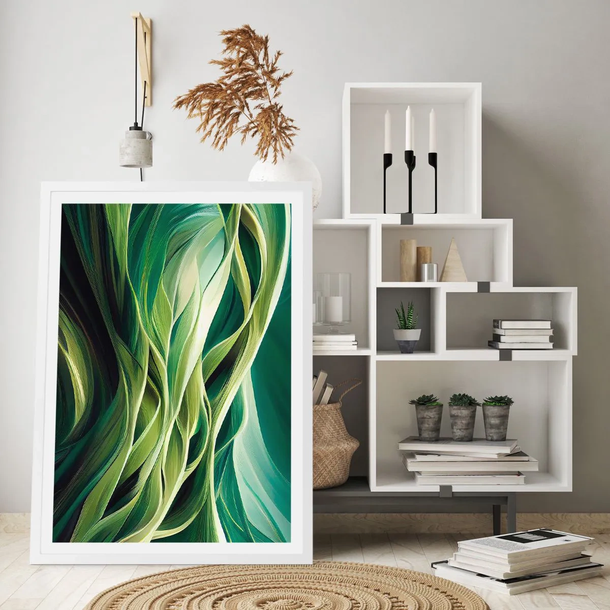 Affisch i vit ram - Ett abstrakt spel med grönt - 50x70 cm
