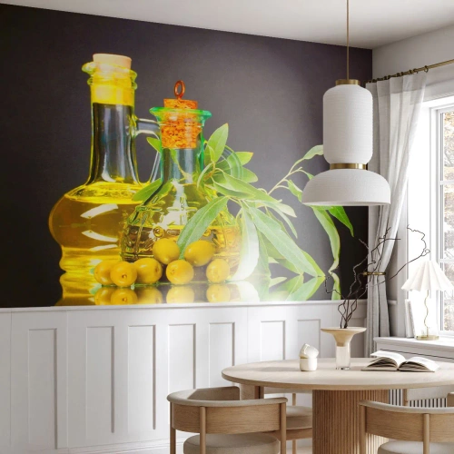 Självhäftande Fototapet Deluxe Sticker - Stilleben med oliver och olivolja - Gastronomi, Oliver, Olja - 350x256 cm