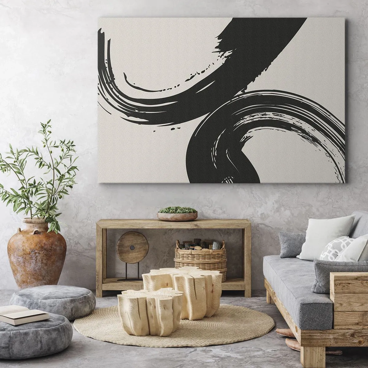 Canvastavla - Bild på duk - Dynamiska penseldrag i svart mot en ljus bakgrund - 70x50cm - Svepande och cirkulärt - Modern väggdekoration för vardagsrum och sovrum ARTTOR