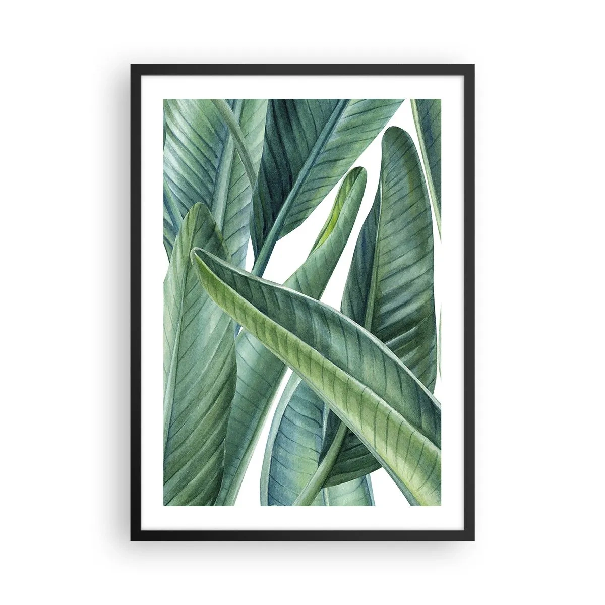 Affisch i svart ram - Gröna bananblad i akvarellstil - 50x70cm - Grönskan i sig själv - Modern väggdekoration för vardagsrum och sovrum ARTTOR