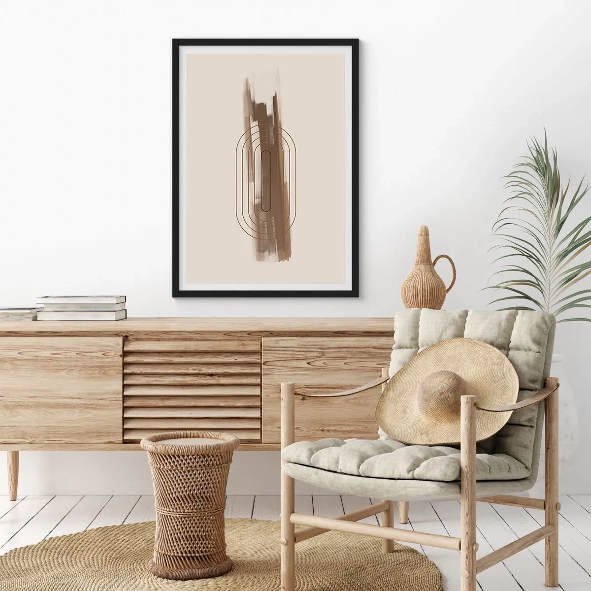 Affisch i svart ram - Geometrisk form i nyanser av brunt och beige - 50x70cm - Grå blåst - Modern väggdekoration för vardagsrum och sovrum ARTTOR
