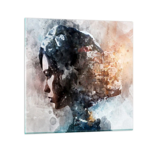 Glastavla - Bild på glas - Berättelse om en tjej med en stad i bakgrunden - 70x70 cm