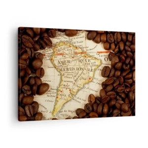 Canvastavla - Bild på duk - En karta över Sydamerika omgiven av kaffebönor. - 70x50cm - Varifrån kommer det bästa kaffet? - Modern väggdekoration för vardagsrum och sovrum ARTTOR