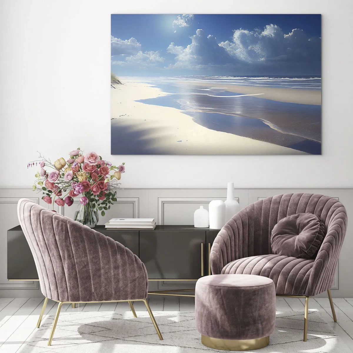 Glastavla - Bild på glas - En bred sandstrand och lugna vågor under en blå himmel - 70x50cm - Semester i paradiset - Modern väggdekoration för vardagsrum och sovrum ARTTOR